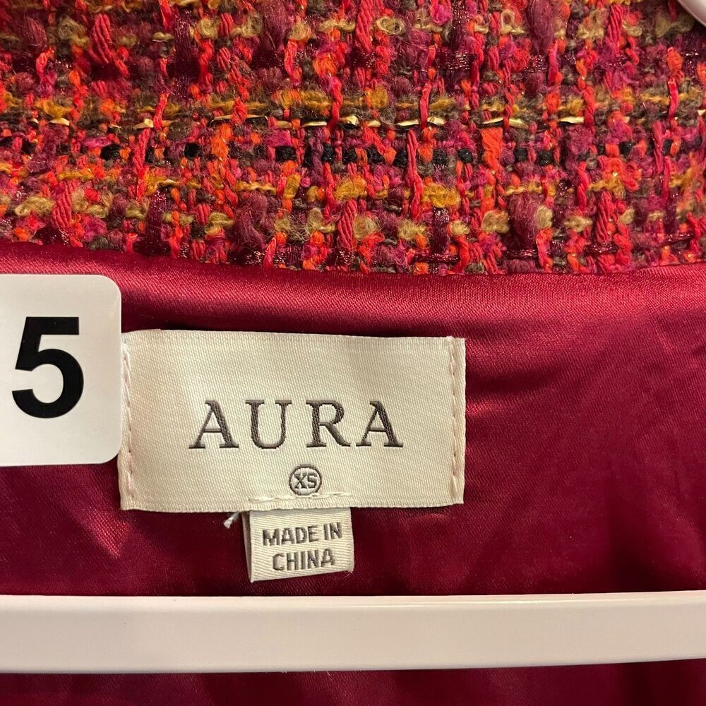 Aura Womens Red Cape Blazer Jacket Size XS Tweed Open Front Lined Gold Trim Tie - Picture 5 of 7